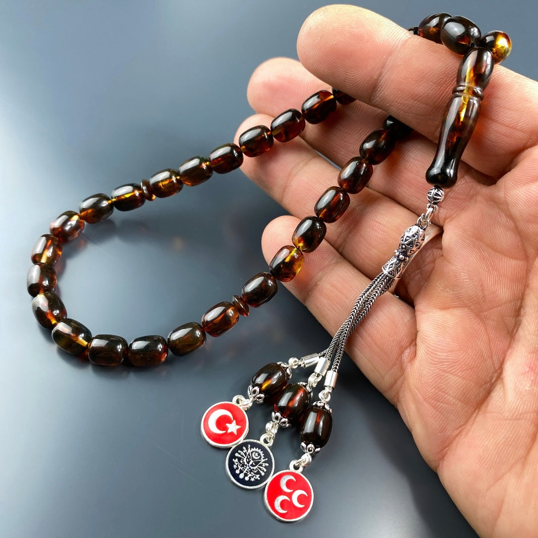 Kehribar / Bernstein Tesbih VATAN Logolar – Braun, 925 Silber