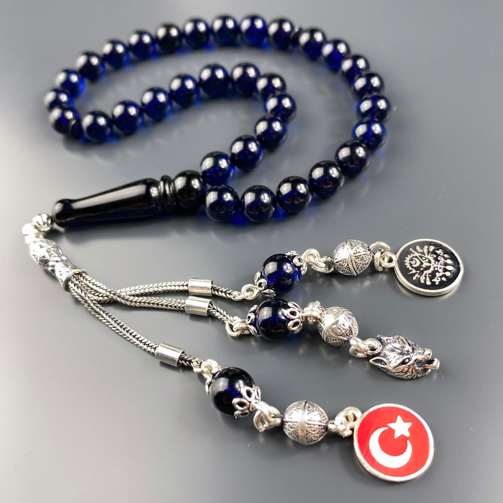 Kehribar / Bernstein Tesbih VATAN Logolar – Blau, 925 Silber