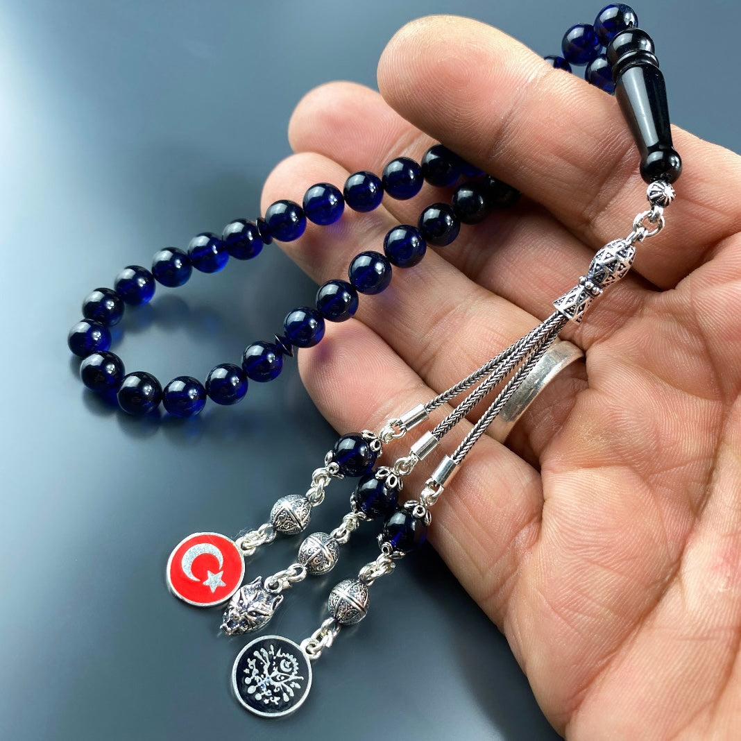 Kehribar / Bernstein Tesbih VATAN Logolar – Blau, 925 Silber