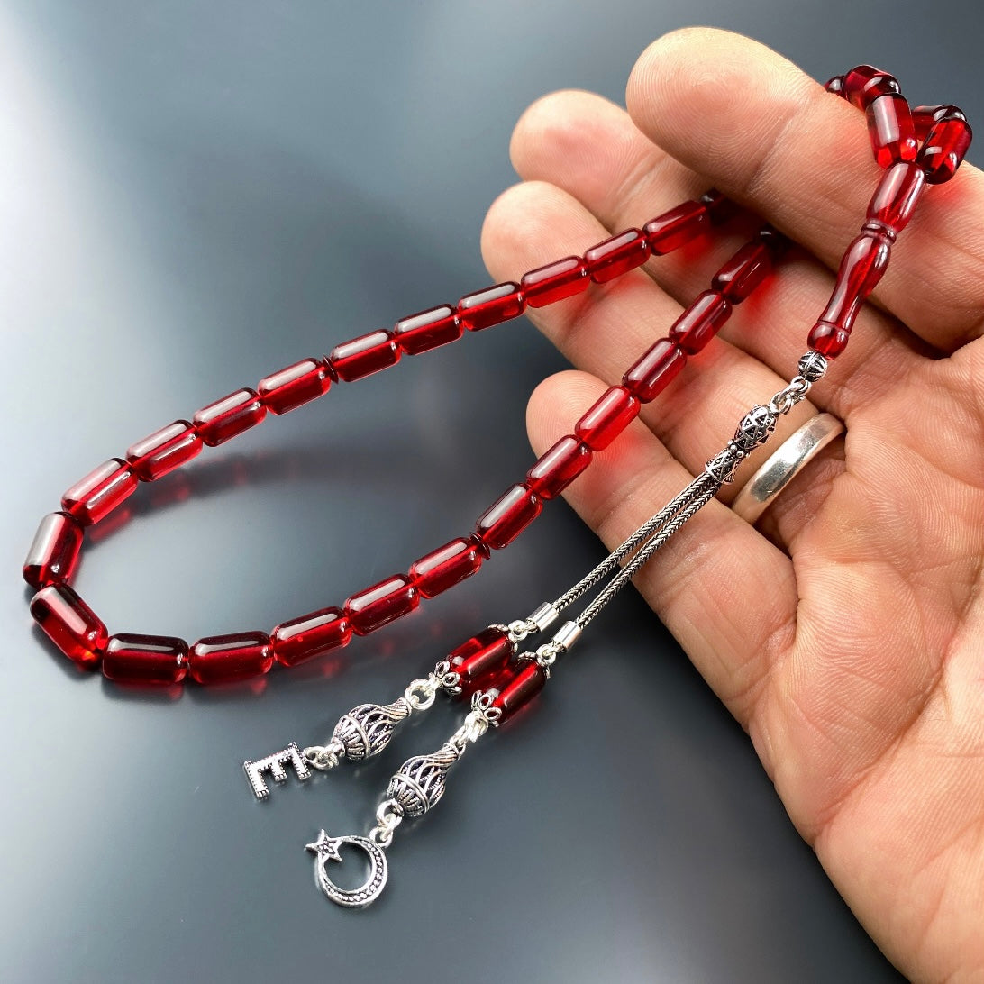 Kehribar / Bernstein Tesbih 1 Buchstaben & Logo – Rot, 925 Silber