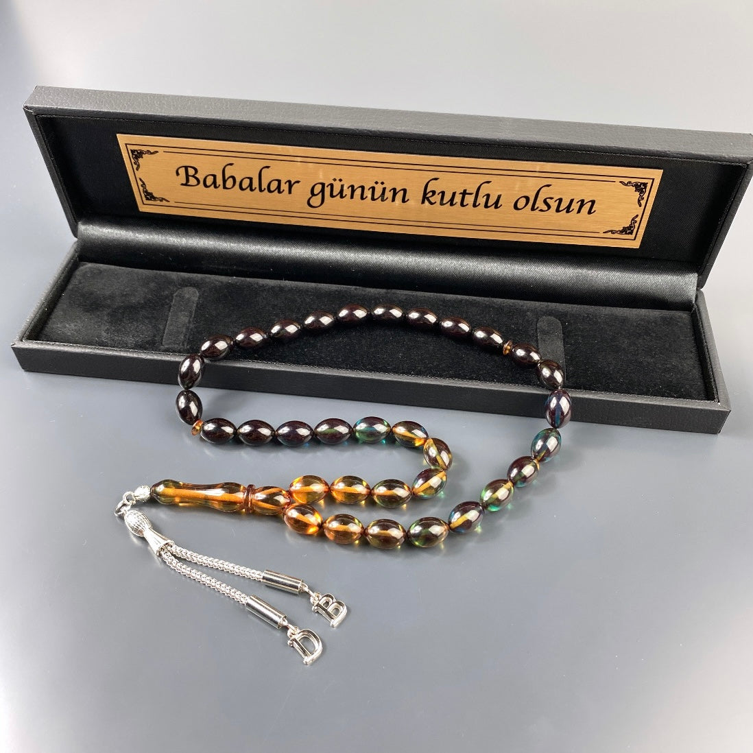 Tesbih Sıkma Kehribar mit Buchstaben Geschenk mit Wunschtext Box