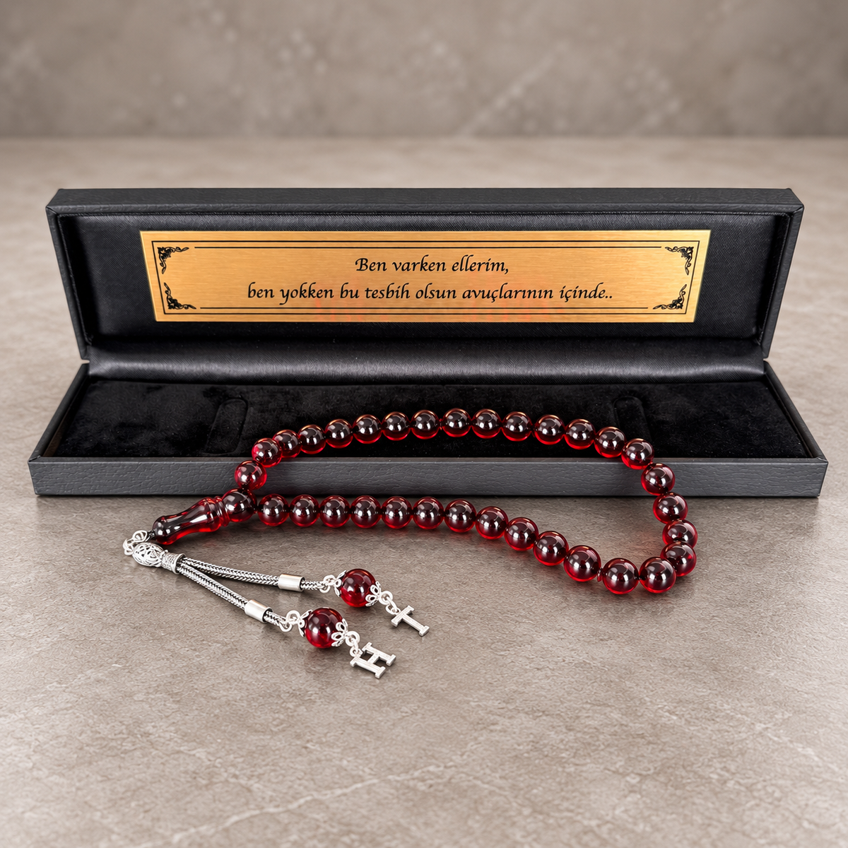 Kirschroter Sıkma Kehribar Tesbih Cherry Rot mit 925 Silber Anhänger und personalisierter Geschenkbox.