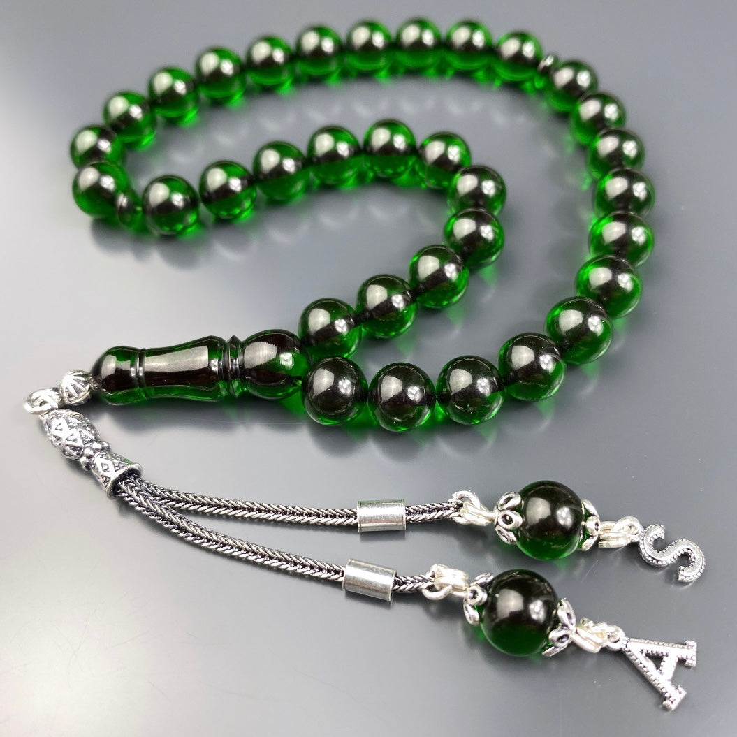 Dunkelgrüner Sıkma Kehribar Tesbih Dark Green mit 925 Silber Anhänger