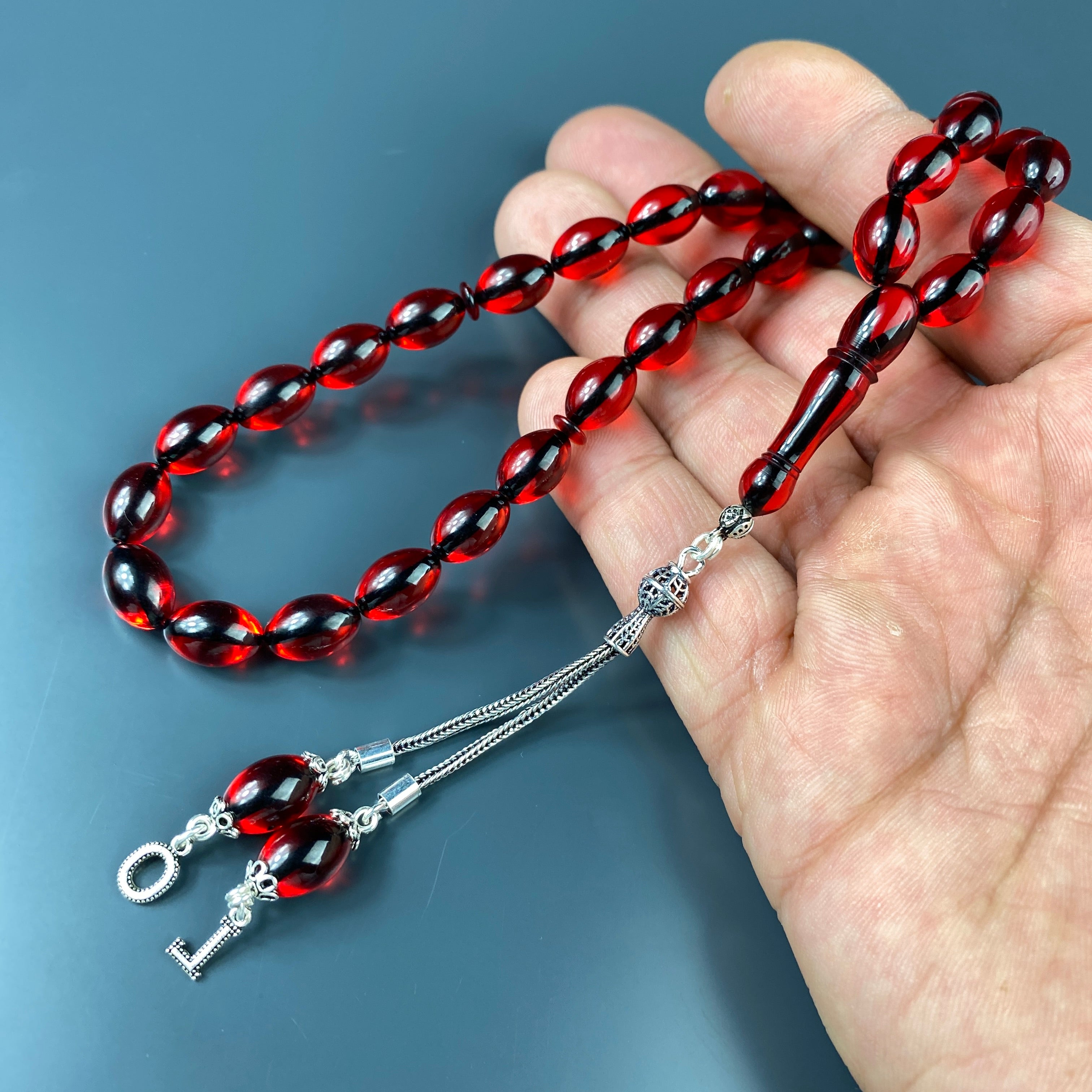 Tesbih Kehribar SIKMA Rot - 2 Buchstaben 925 Silber