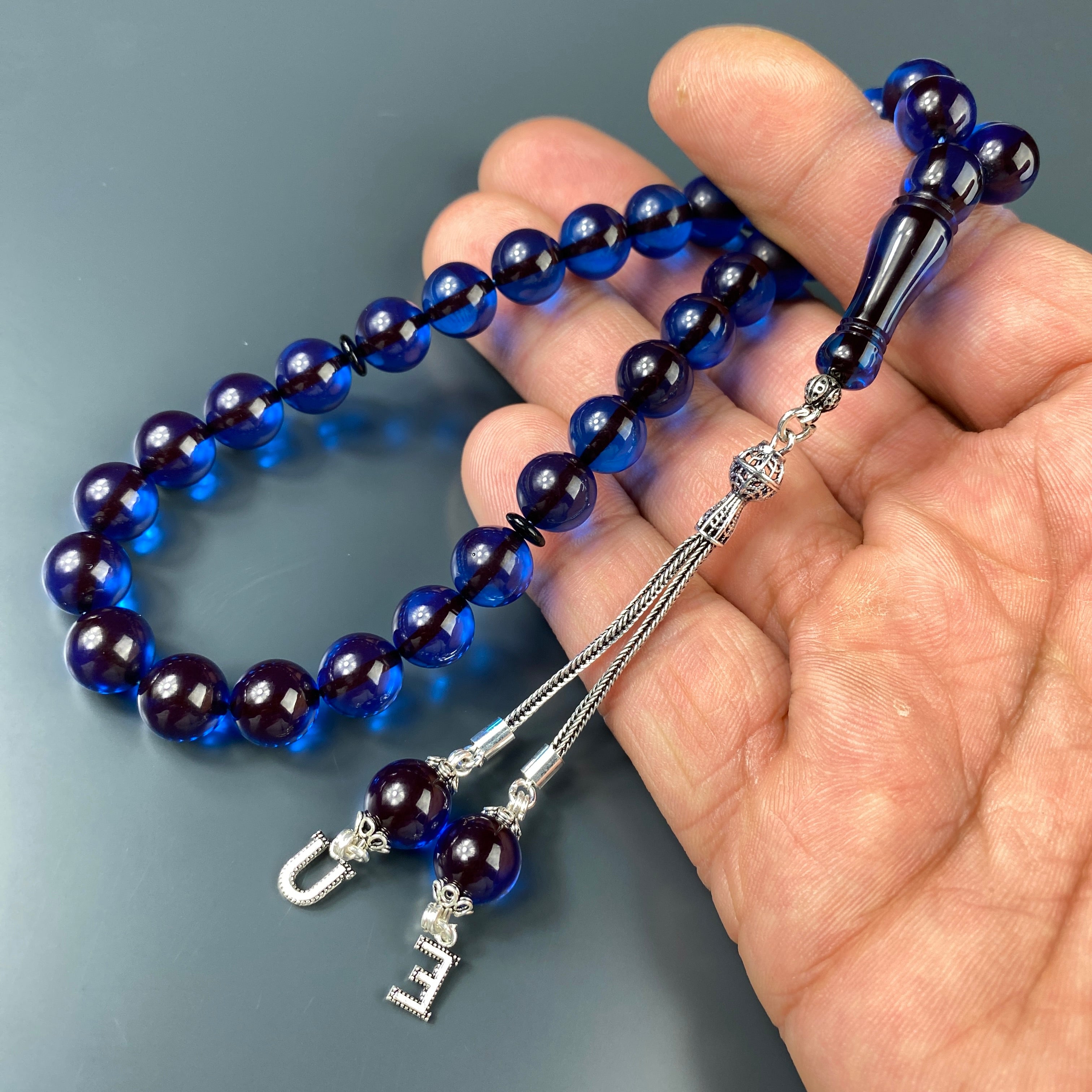 Tesbih Kehribar SIKMA Blau - 2 Buchstaben 925 Silber