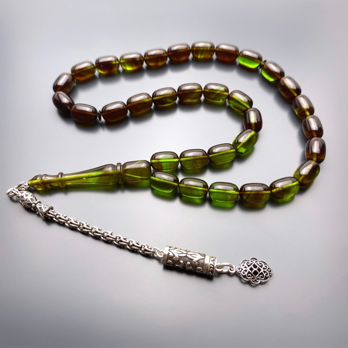 Yesil Renk Süzmesi SIKMA Kehribar Tesbih Lazer Püskül