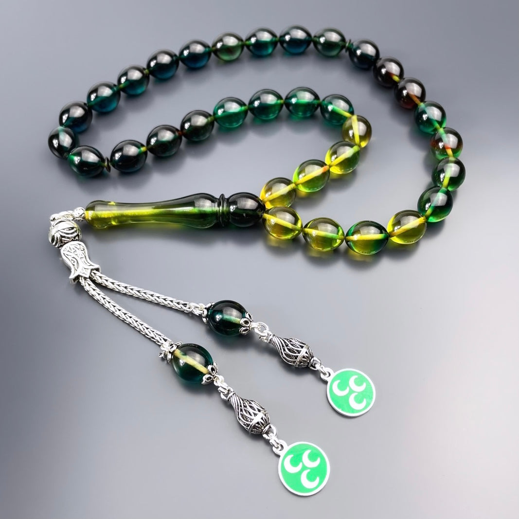 Yesil Renk Süzmesi SIKMA Kehribar Tesbih 3 Hilal