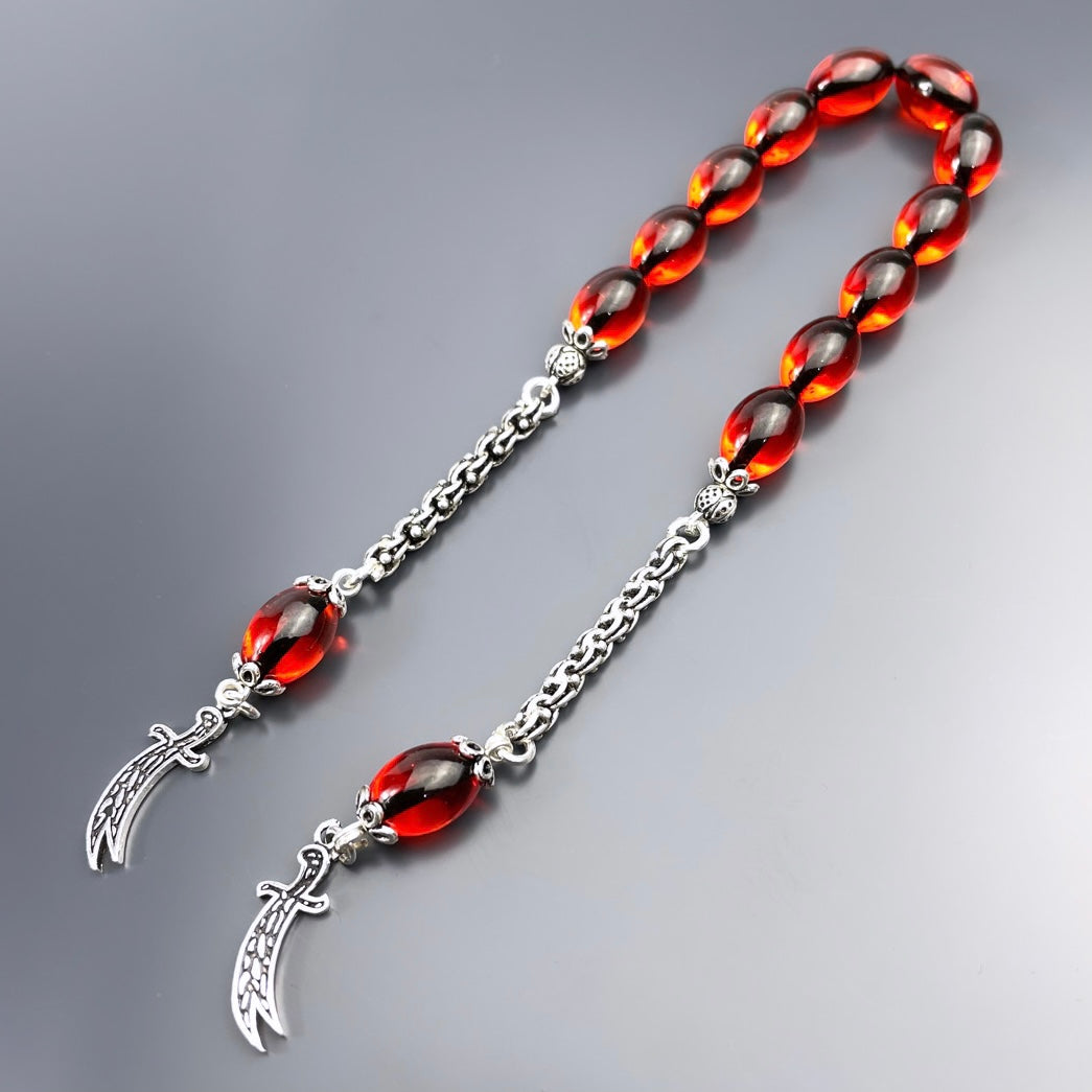 Zaza Kehribar SIKMA Tesbih Orange Beyzi mit Kilic Logo 925 Silber