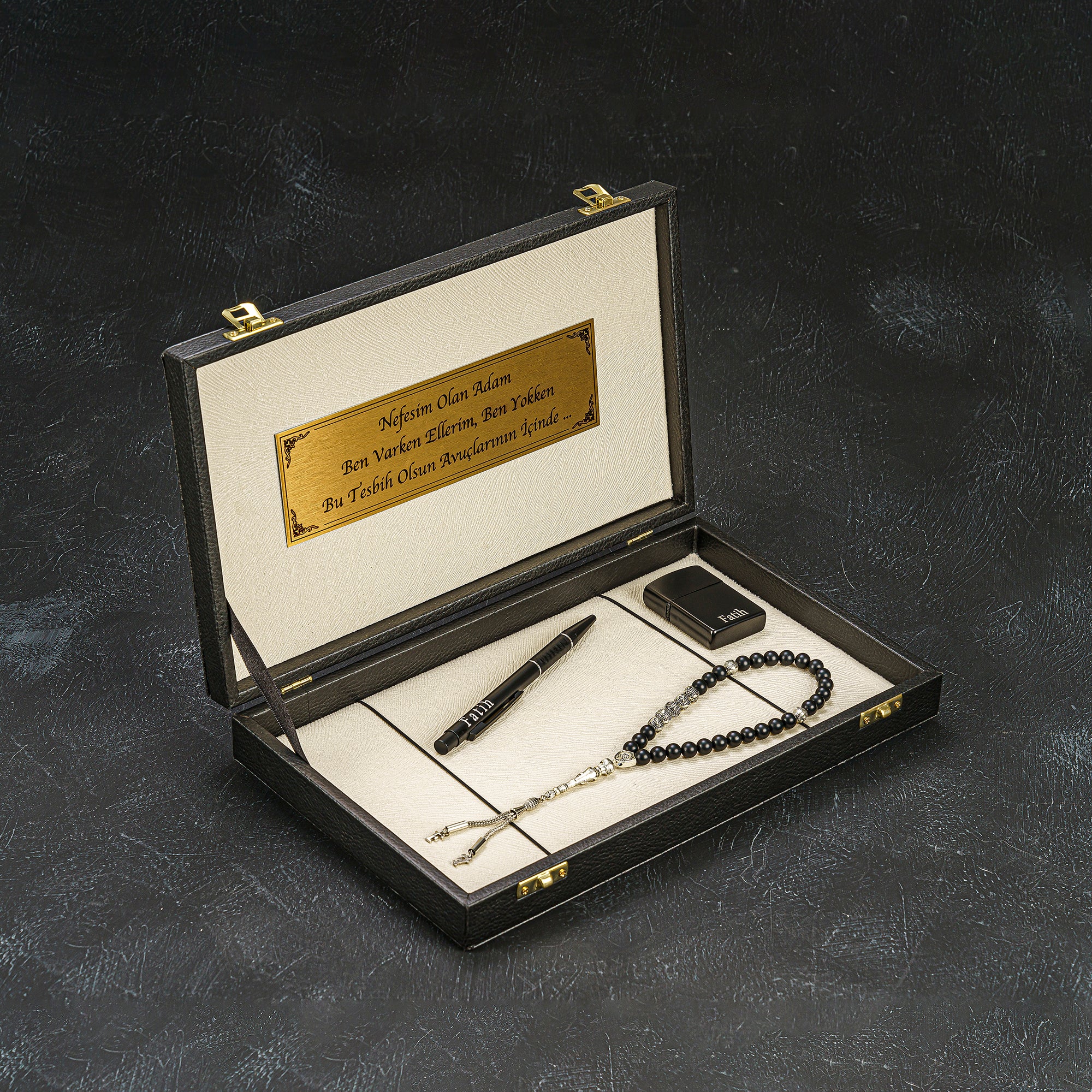 Büyük Boy Black Crem Set mit Wunschtext Tesbih gebetskette geschenkset