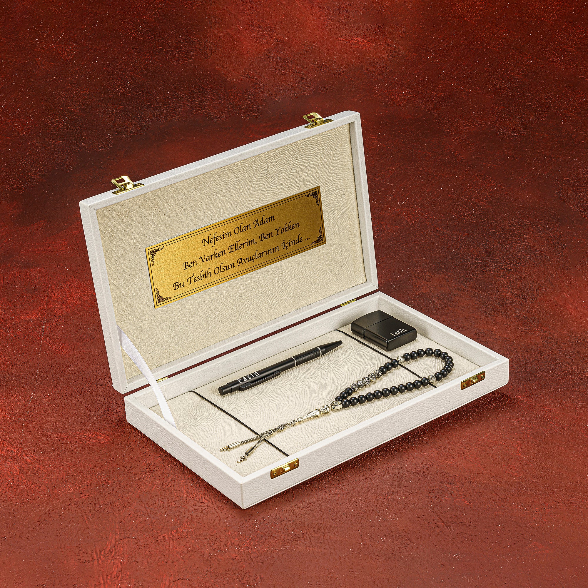 Büyük Boy Weiß Box Set mit Wunschtext Tesbih geschenkset gebetskette
