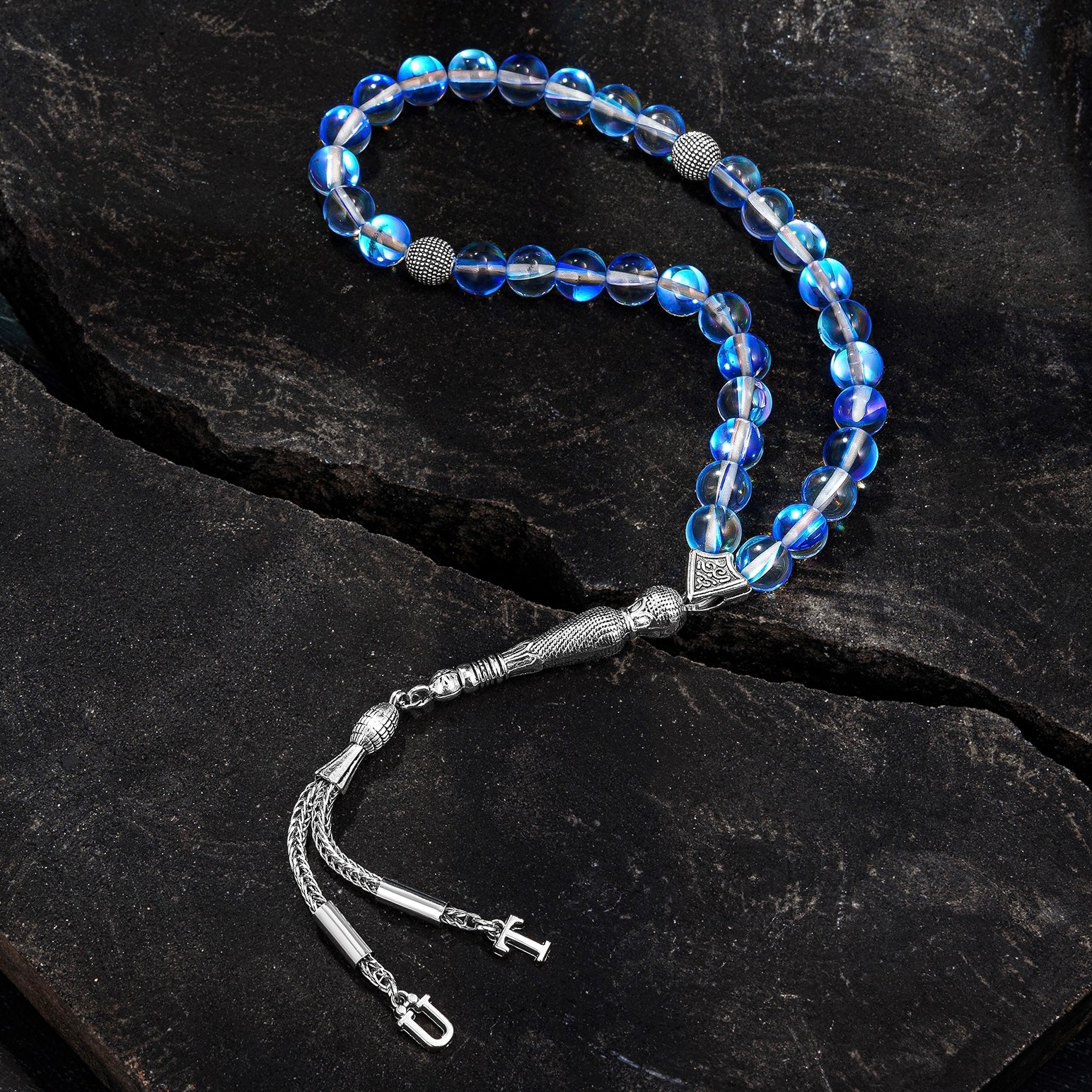 Blue Quarz Tesbih / Gebetskette mit namen box und text kutu