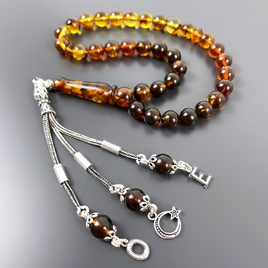 Bilek Boy Mini Renk Süzmesi Hakiki Kehribar Tesbih Harf / Logo