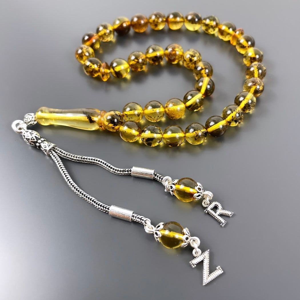 Bilek Boy Mini Sari Hakiki Kehribar Tesbih Harfli