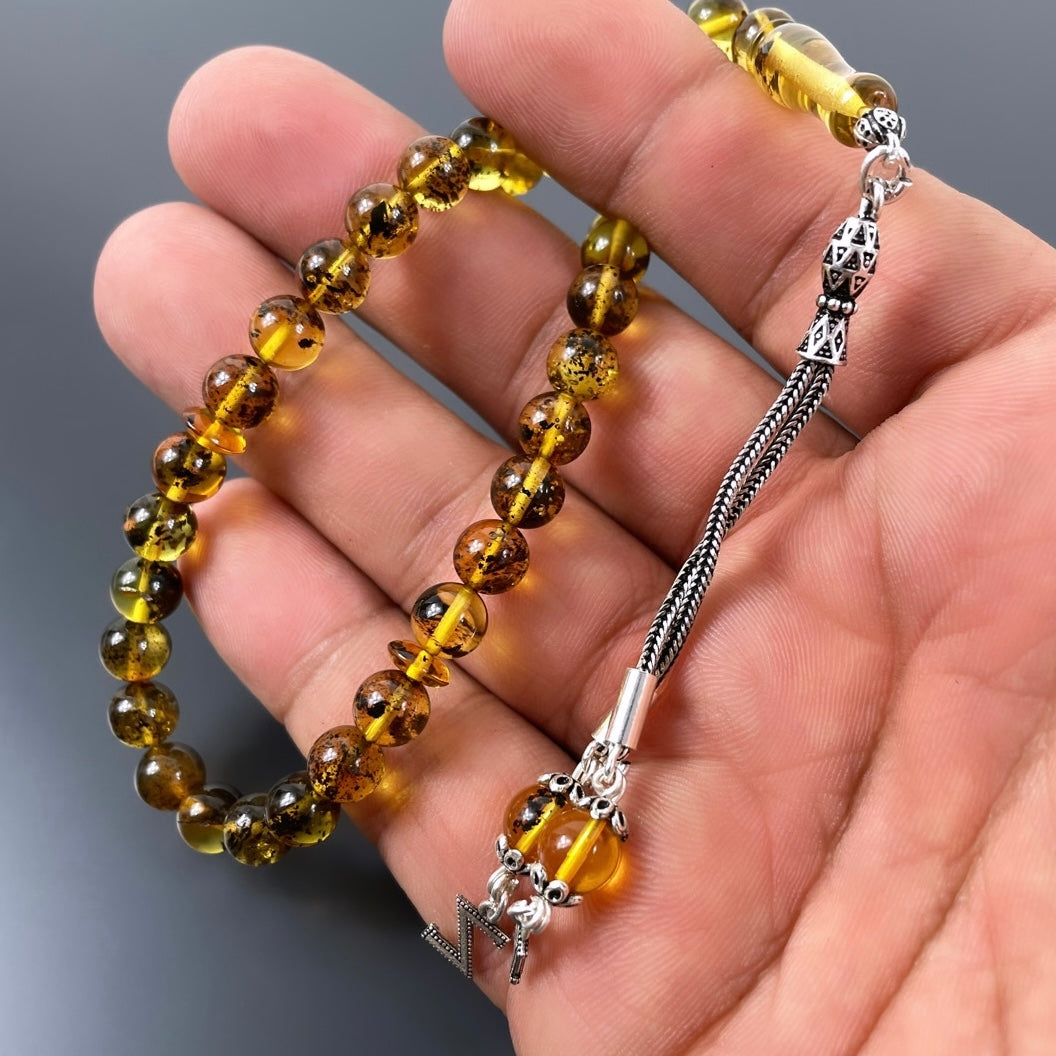 Bilek Boy Mini Sari Hakiki Kehribar Tesbih Harfli