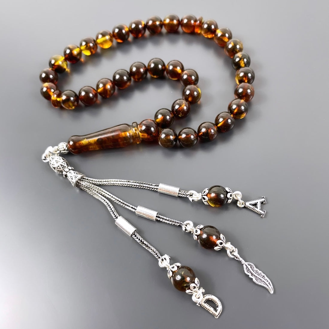 Bilek Boy Mini Kahve Rengi Hakiki Kehribar Tesbih Harf / Logo