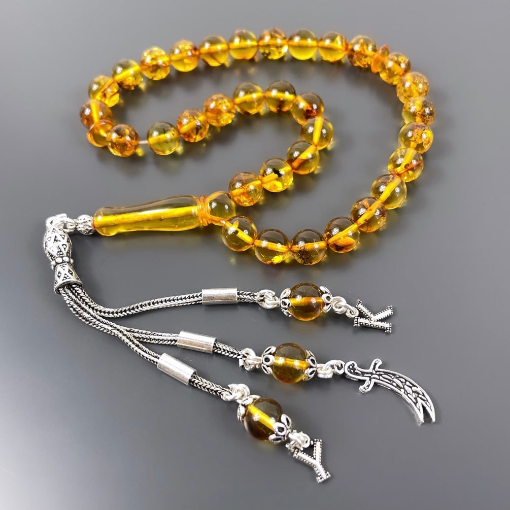 Bilek Boy Mini Sari Renk Hakiki Kehribar Tesbih Harf / Logo