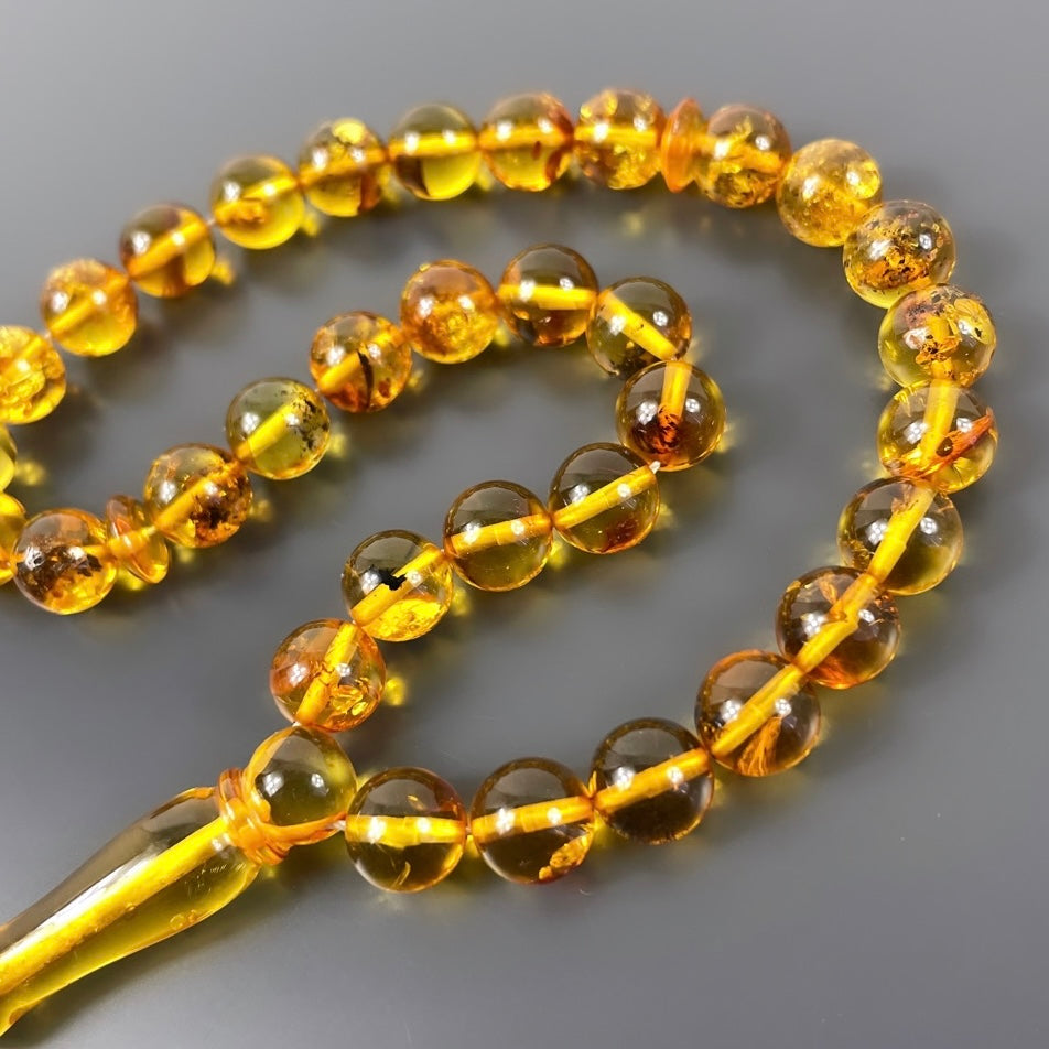 Bilek Boy Mini Sari Renk Hakiki Kehribar Tesbih Harf / Logo