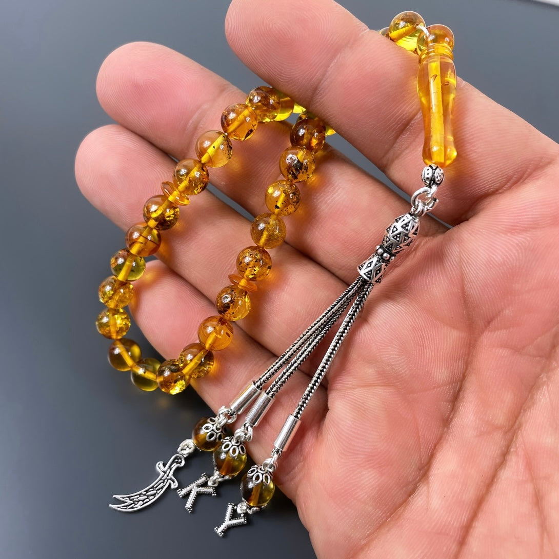 Bilek Boy Mini Sari Renk Hakiki Kehribar Tesbih Harf / Logo