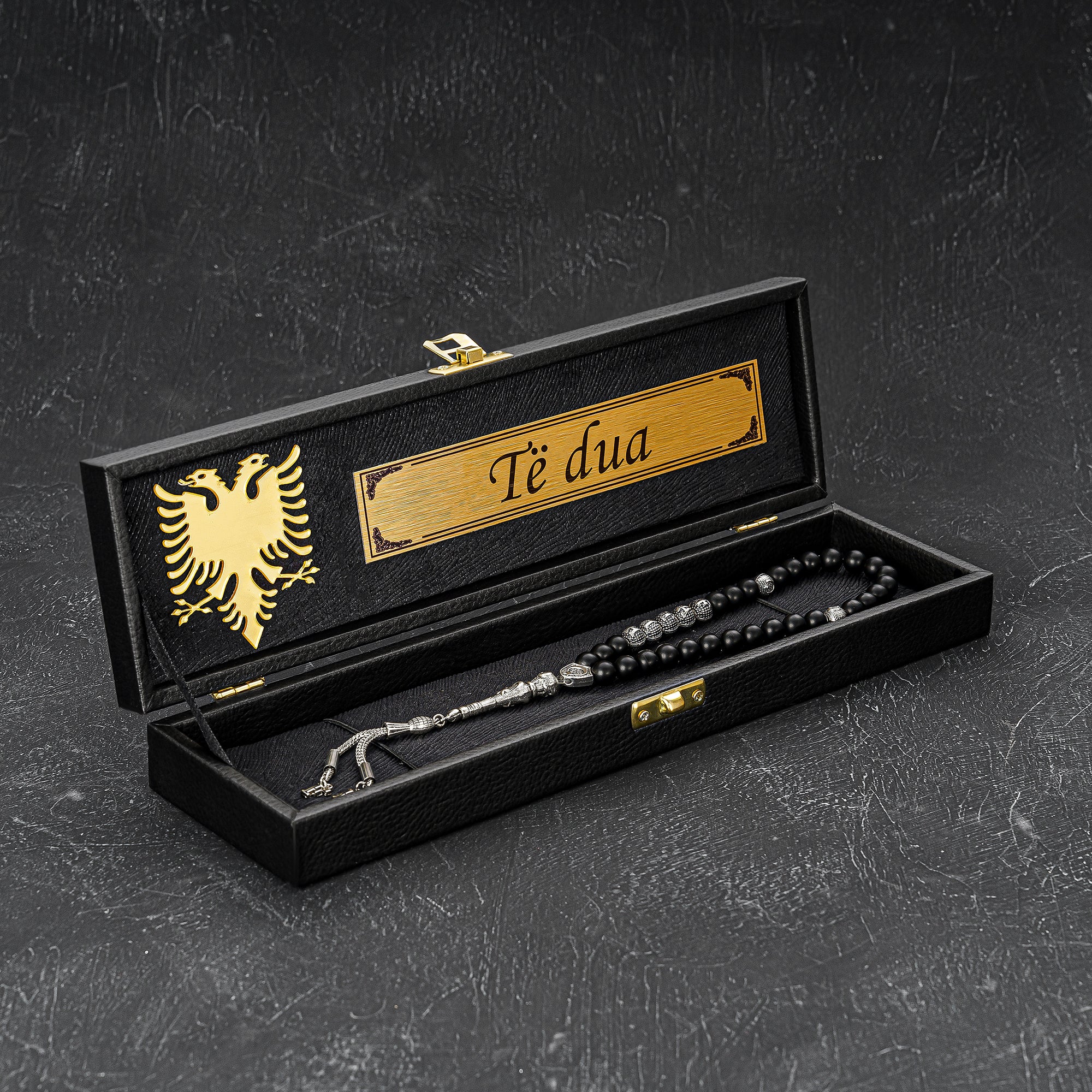 Tesbih kisiye özel, personalisierte Gebetskette mit Box Namen. Oltu, Kehribar, Gümüs Tesbih, Dogaltas Geschenkset Albanische logo Albanien