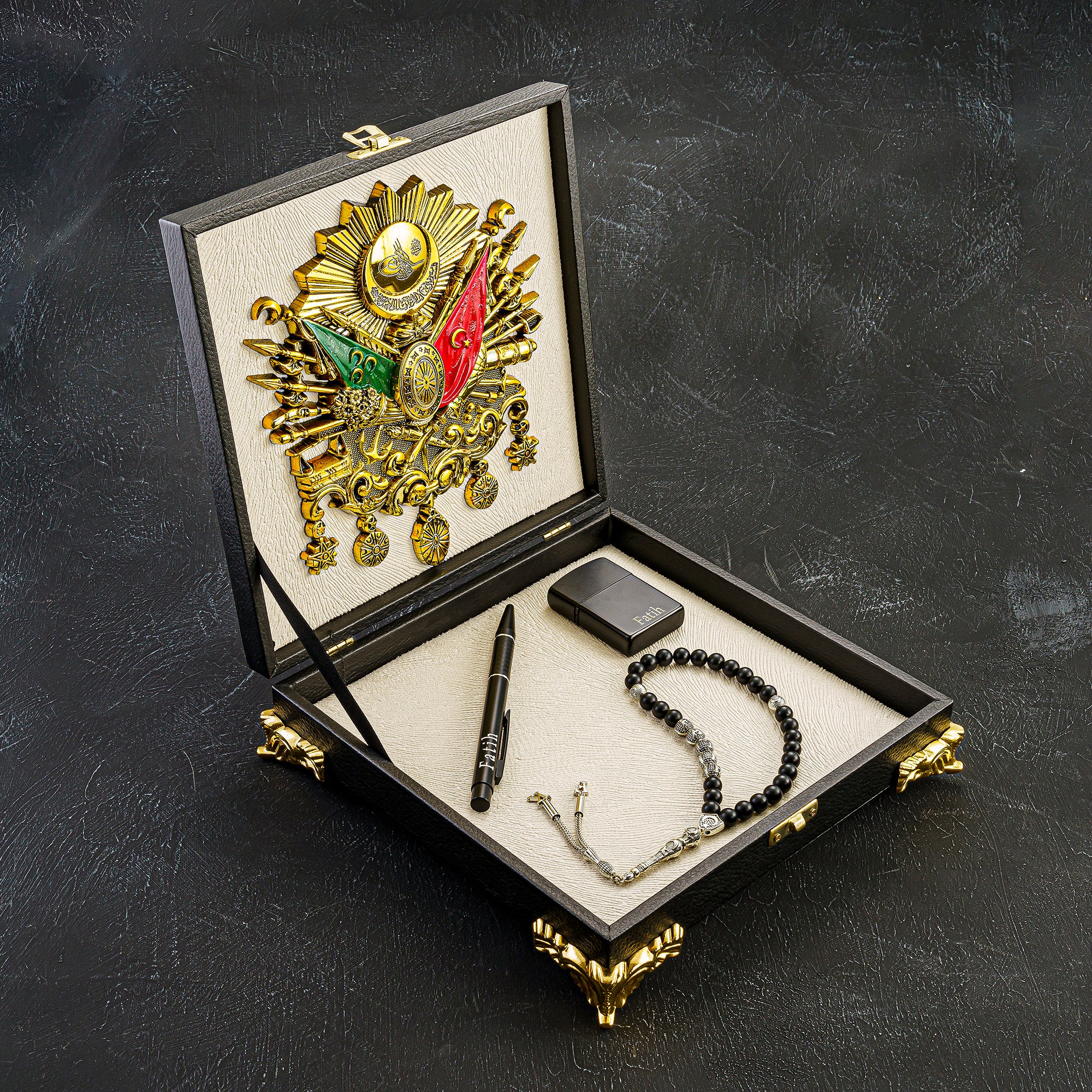 Tesbih Özel Tasarim Kutu XXL Osmanli Logo Black / Creme Box gebetskette geschenkset oltu akik kehribar