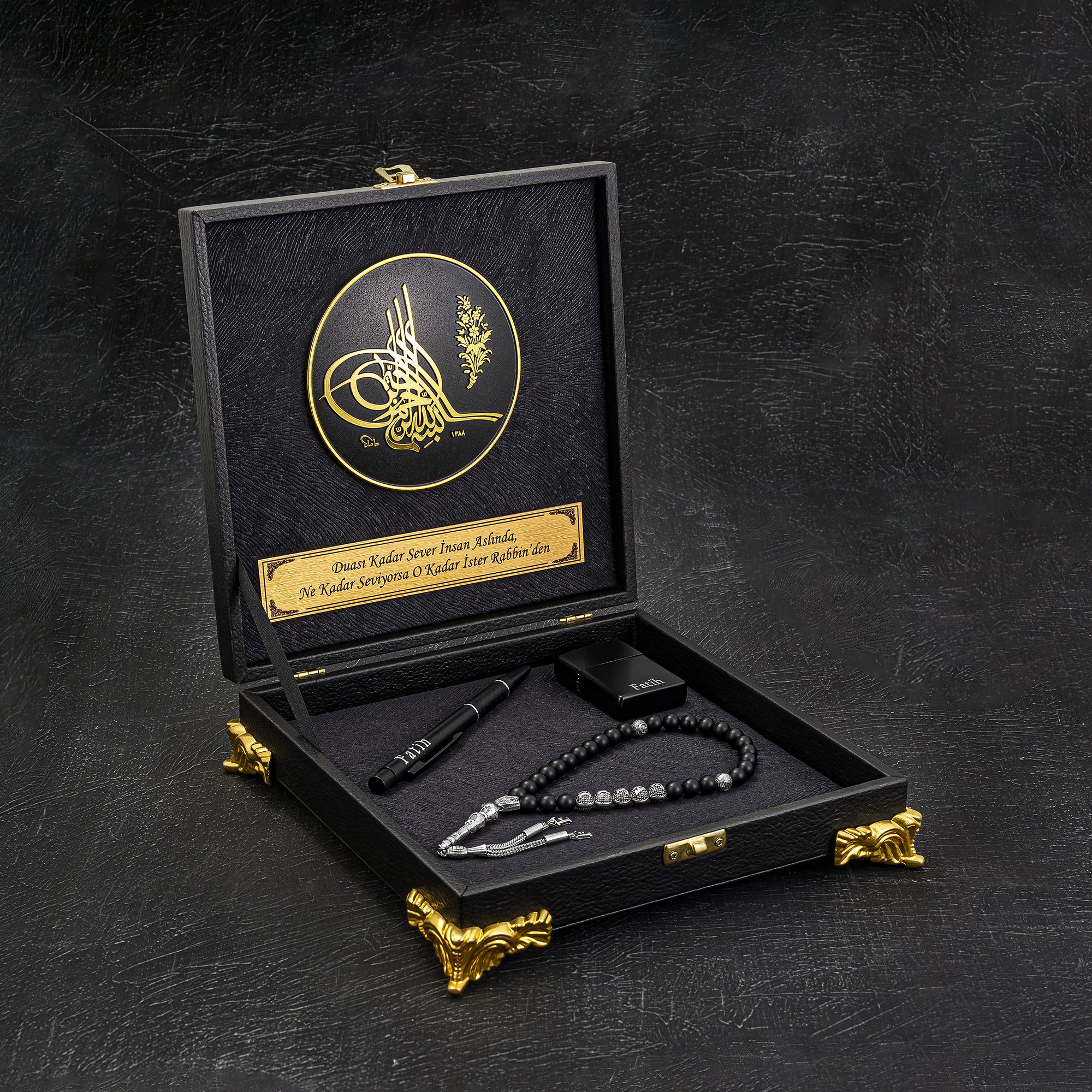 Tesbih mit Namen und Geschenkbox personalisiert mit einem Wunschtext Geschenk etui islamische geschenke perlenkette männerschmuck Kehribar tesbih Feuerzug mit Namen personalisiert