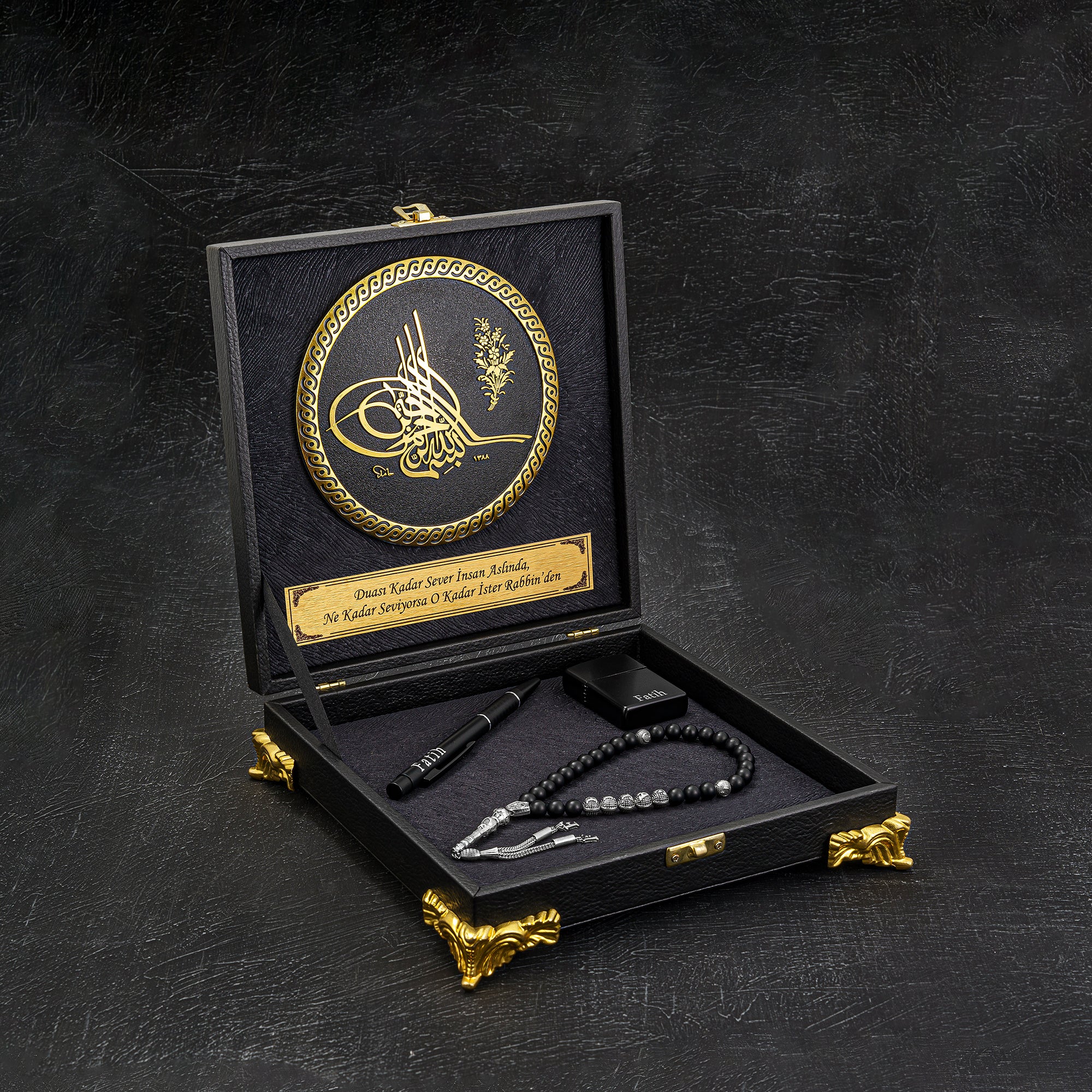 Tesbih mit Namen und Geschenkbox personalisiert mit einem Wunschtext Geschenk etui islamische geschenke perlenkette männerschmuck Kehribar tesbih Feuerzug mit Namen personalisiert