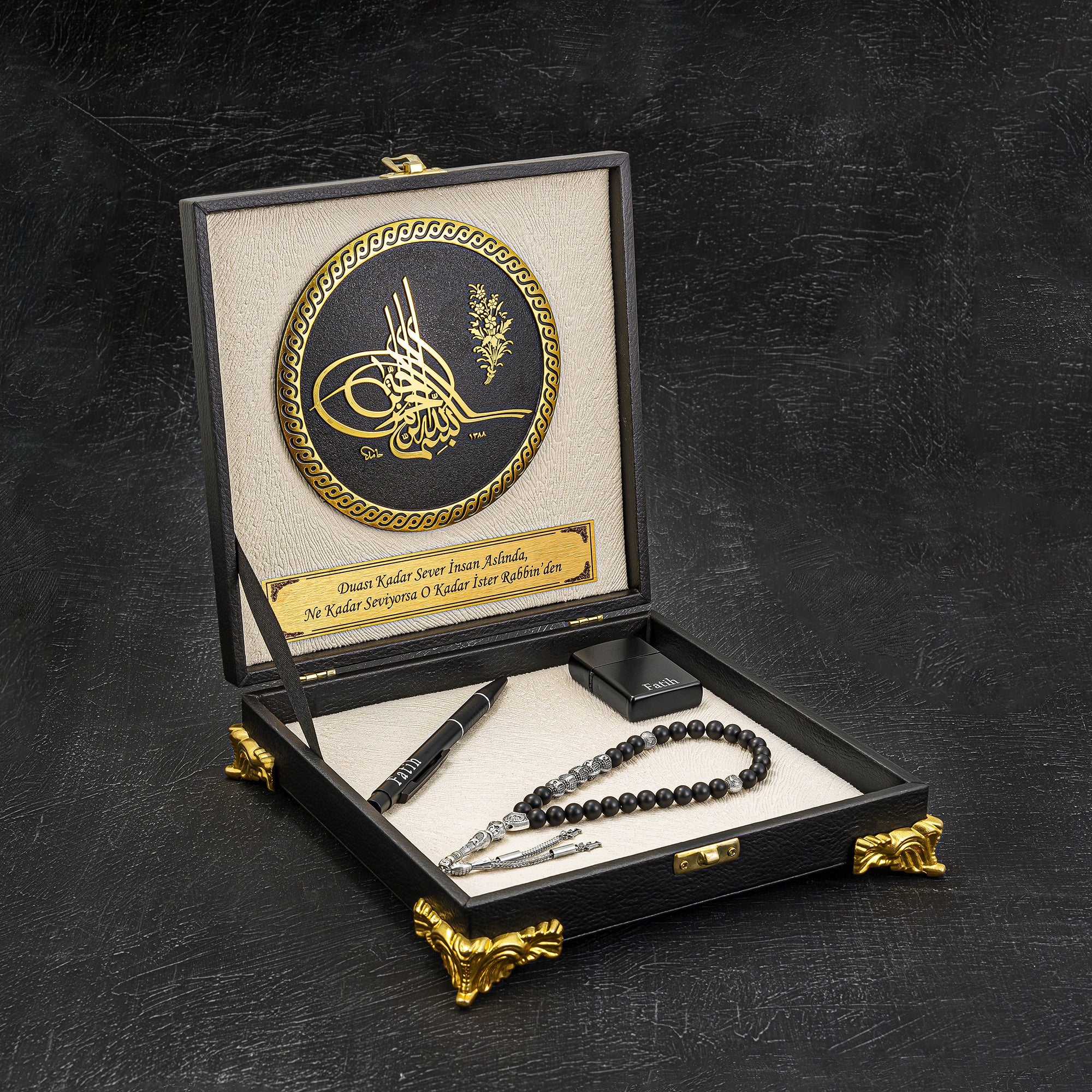 Tesbih mit Namen und Geschenkbox personalisiert mit einem Wunschtext Geschenk etui islamische geschenke perlenkette männerschmuck Kehribar tesbih Feuerzug mit Namen personalisiert