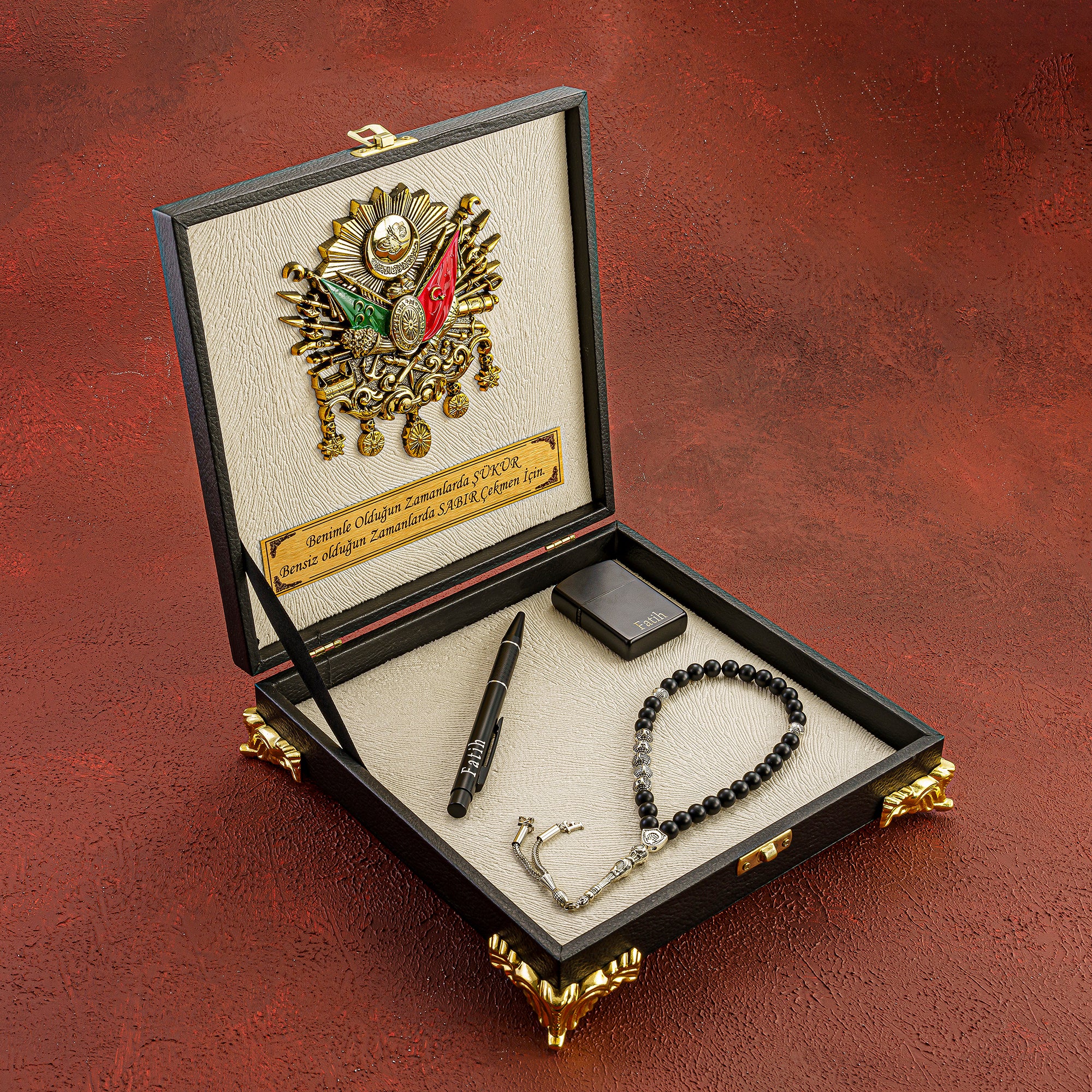 Tesbih Özel Tasarim Kutu Black / Creme Osmanli Logo Wunschtext gebetskette geschenkset