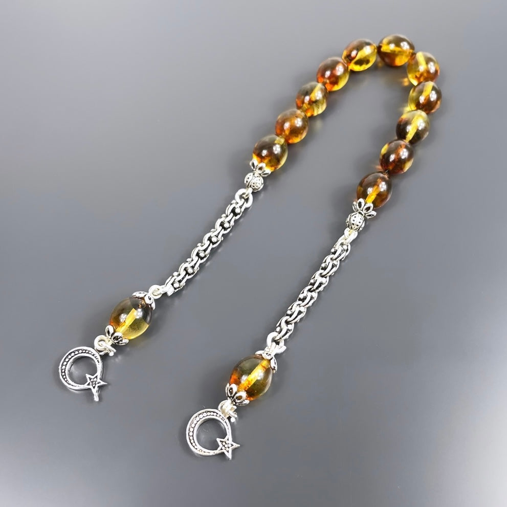 Hakiki Kehribar Zaza Ay Yildiz Tesbih 925 Silver