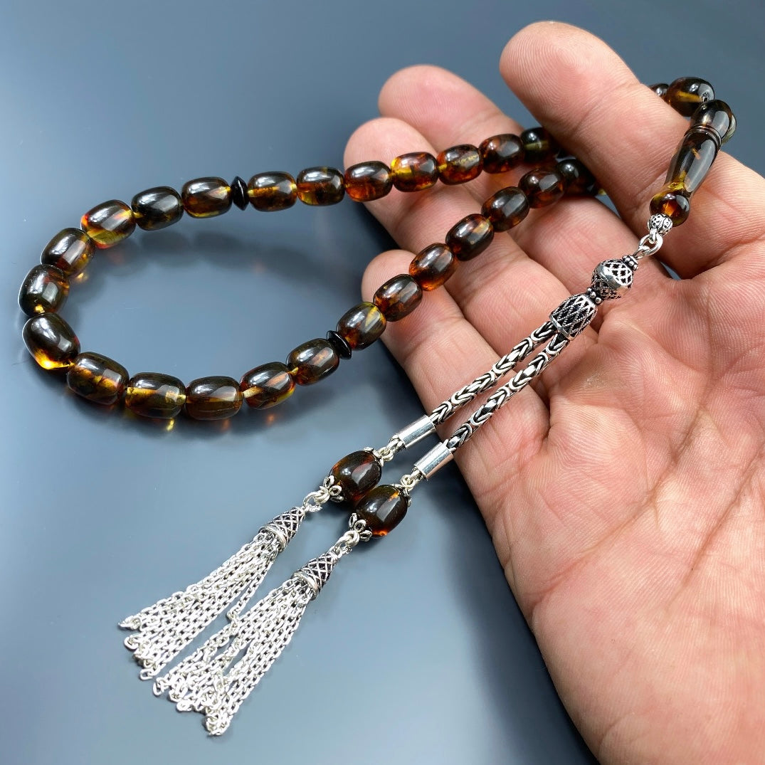 Kehribar Tesbih Braun Özel Püskül Logo 925 Silber