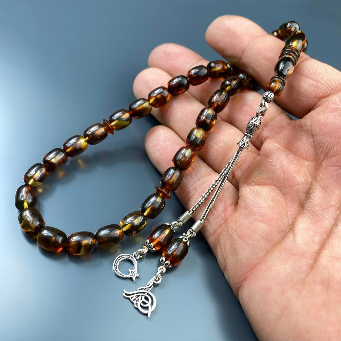Kehribar Tesbih Braun Ay Yildiz Tugra Logo 925 Silber