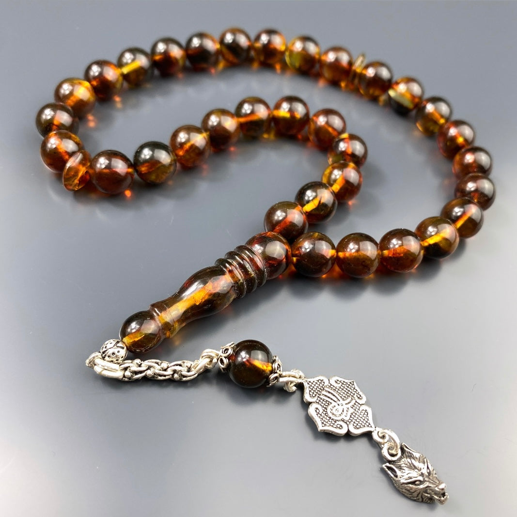 Kehribar Tesbih Braun Tugra Kurt Logo 925 Silber