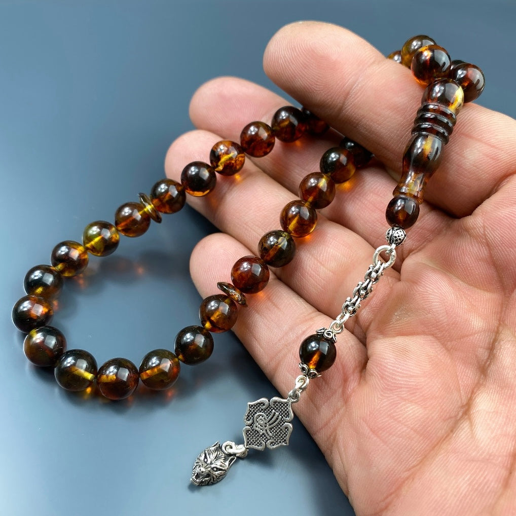 Kehribar Tesbih Braun Tugra Kurt Logo 925 Silber