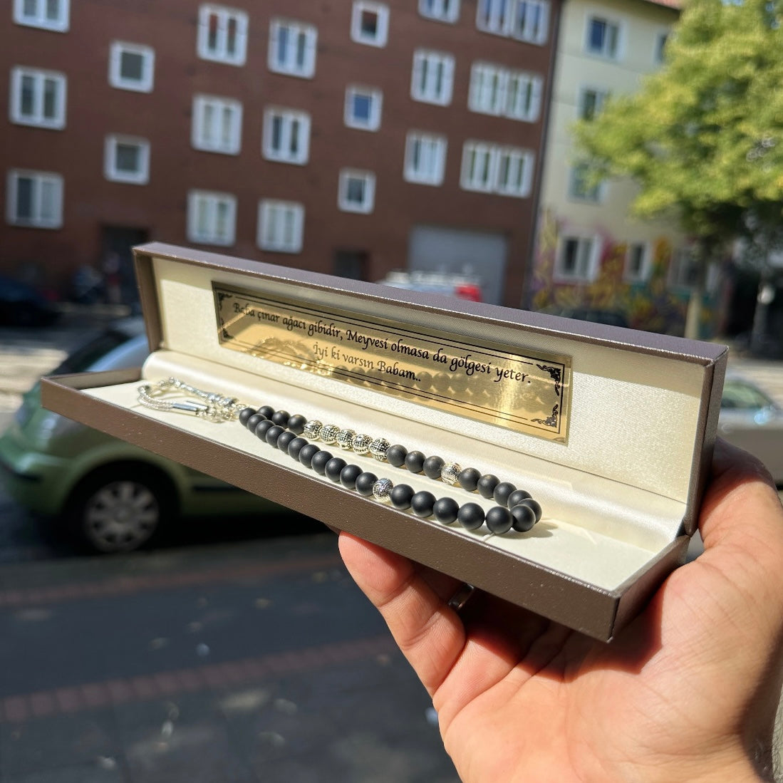 Tesbih mit Braune Box und Wunschtext Geschenkset