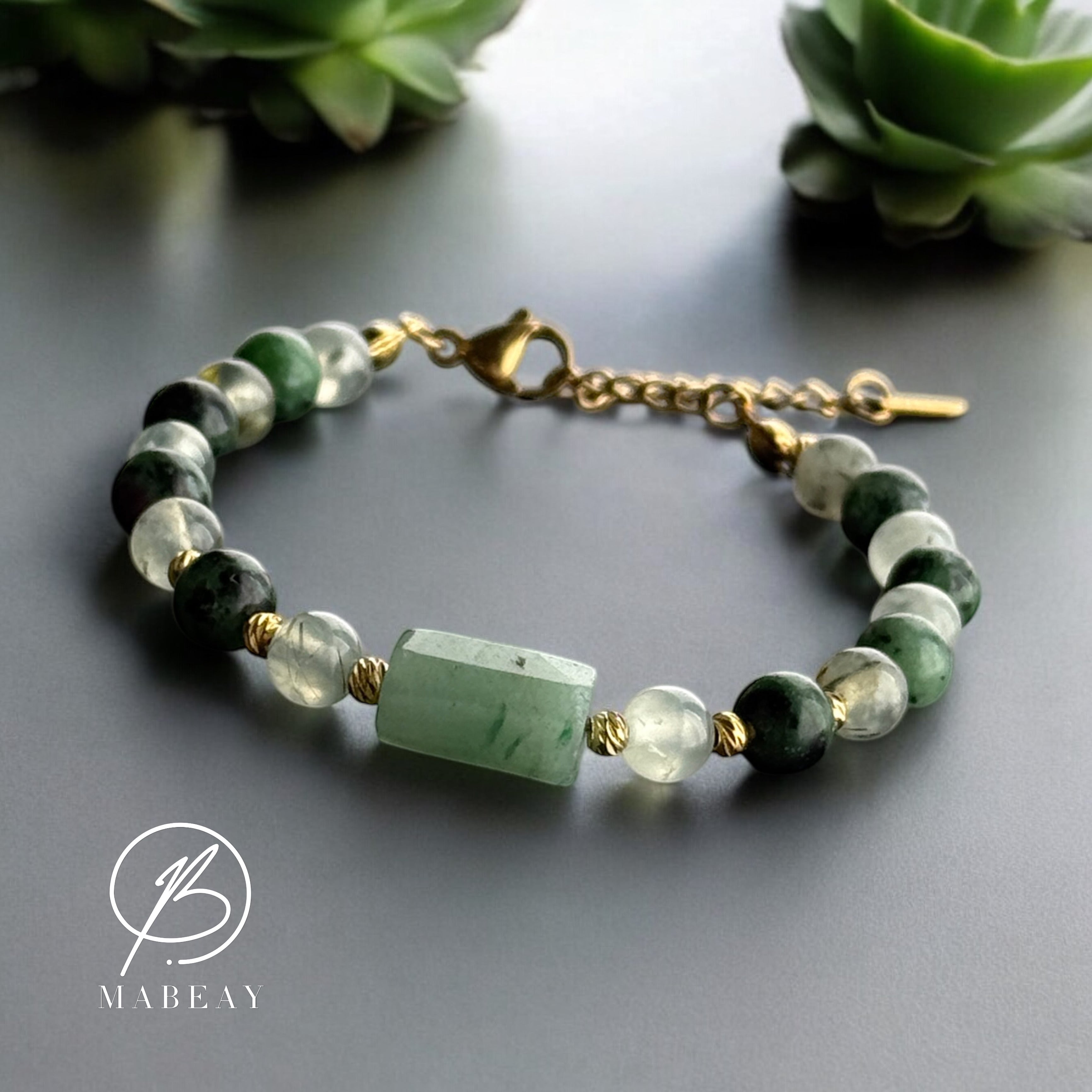 Prehnit / Anyolit - Aventurin Tasi mit Edelstahl Kette Damenschmuck