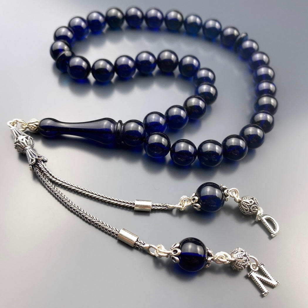 Kehribar Tesbih Blau 2 Buchstaben 925 Silber Püskül