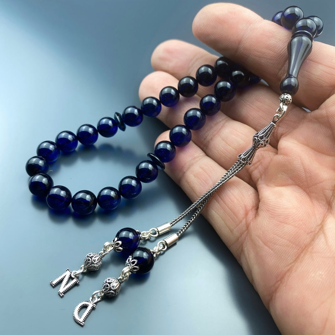 Kehribar Tesbih Blau 2 Buchstaben 925 Silber Püskül