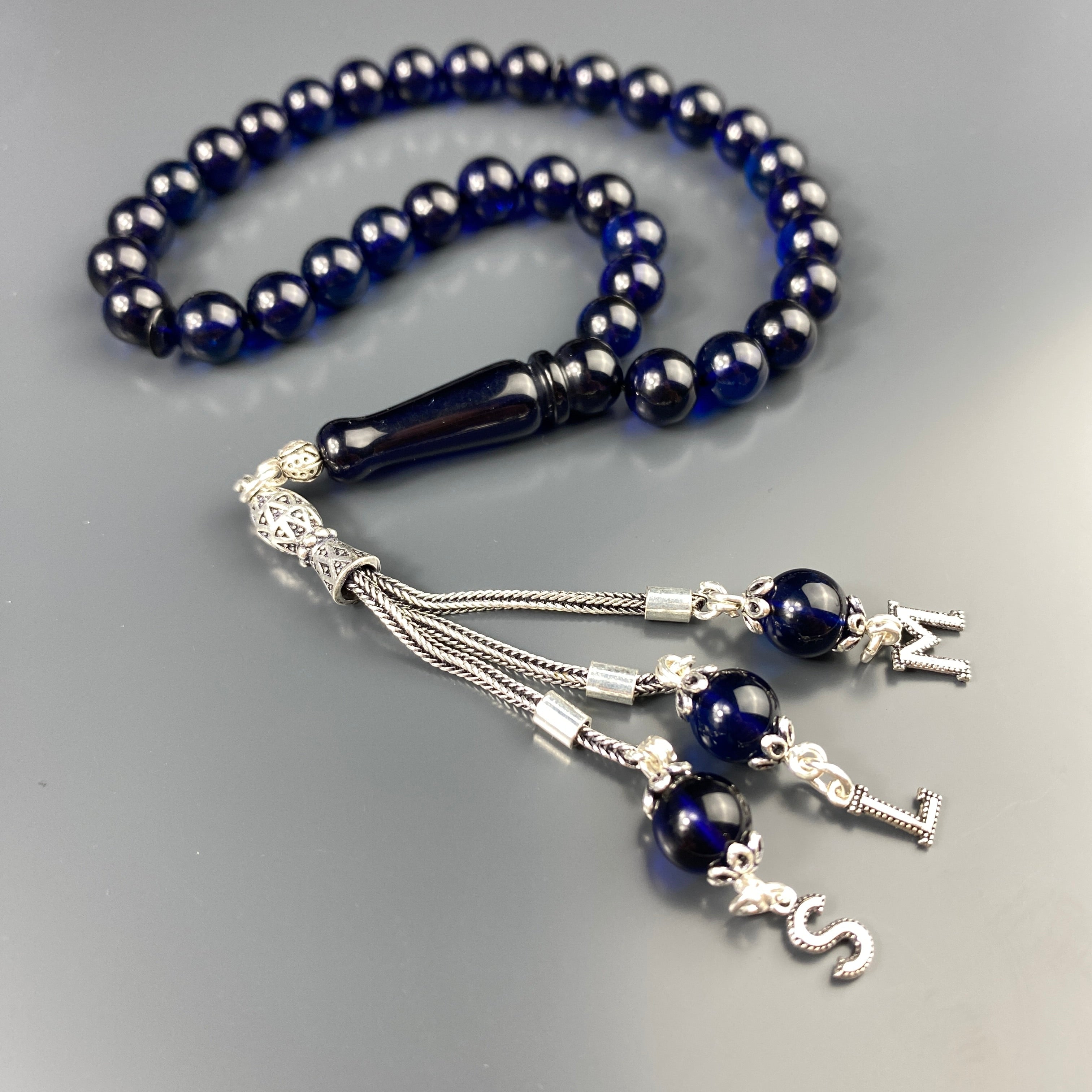 Kehribar Tesbih Blau 3 Buchstaben 925 Silber Püskül
