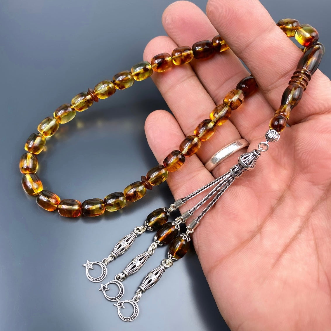 Kehribar Tesbih Gebetskette Perlenkette Männerschmuck Tesbih mit Namen personalisiert ay yildiz logo