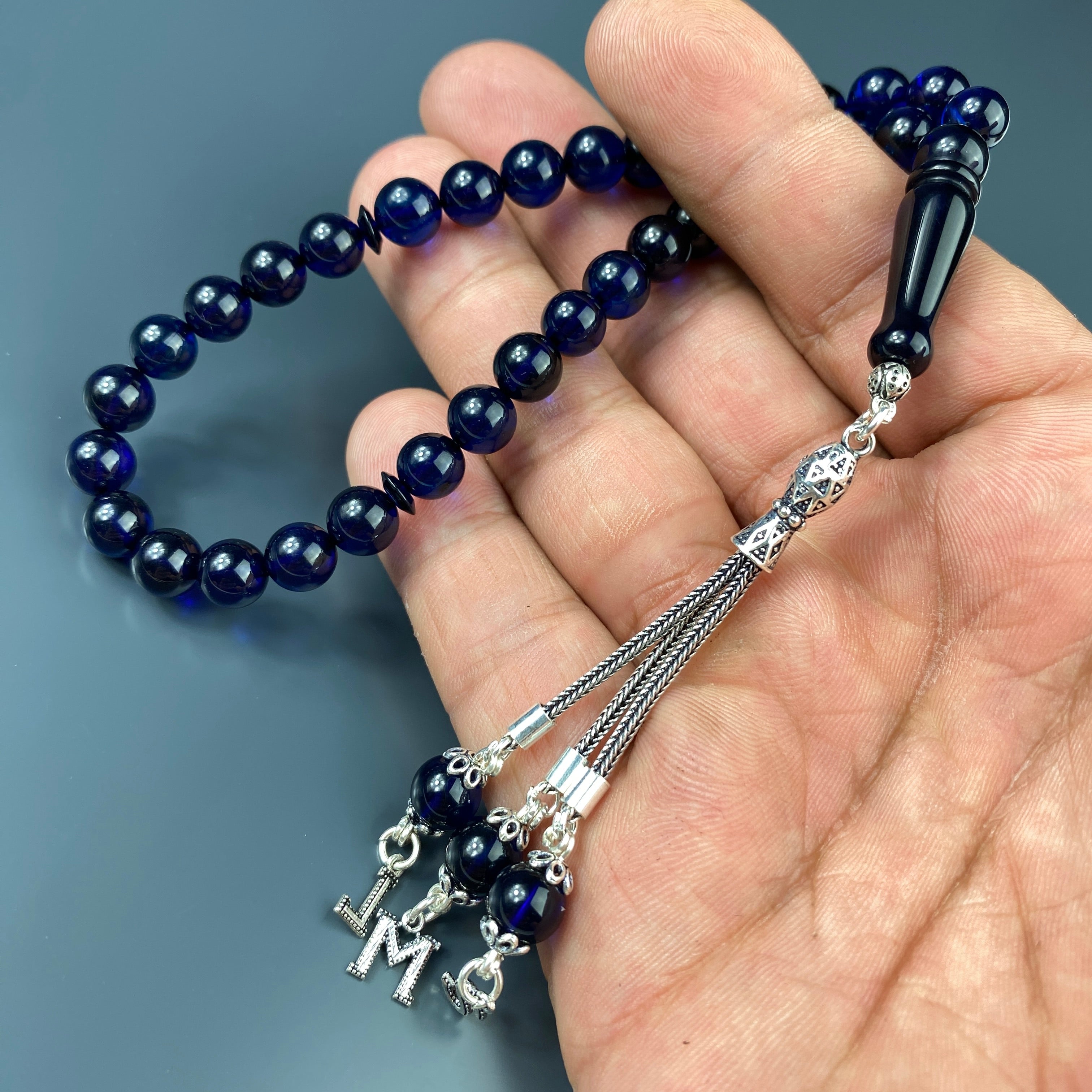 Kehribar Tesbih Blau 3 Buchstaben 925 Silber Püskül