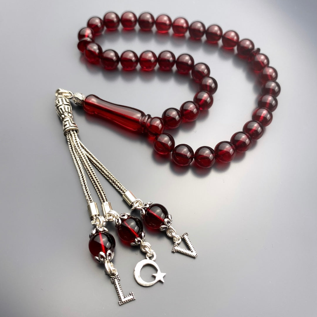 Kehribar Tesbih Rot 2 Buchstaben Ay Yildiz Logo 925 Silber Püskül