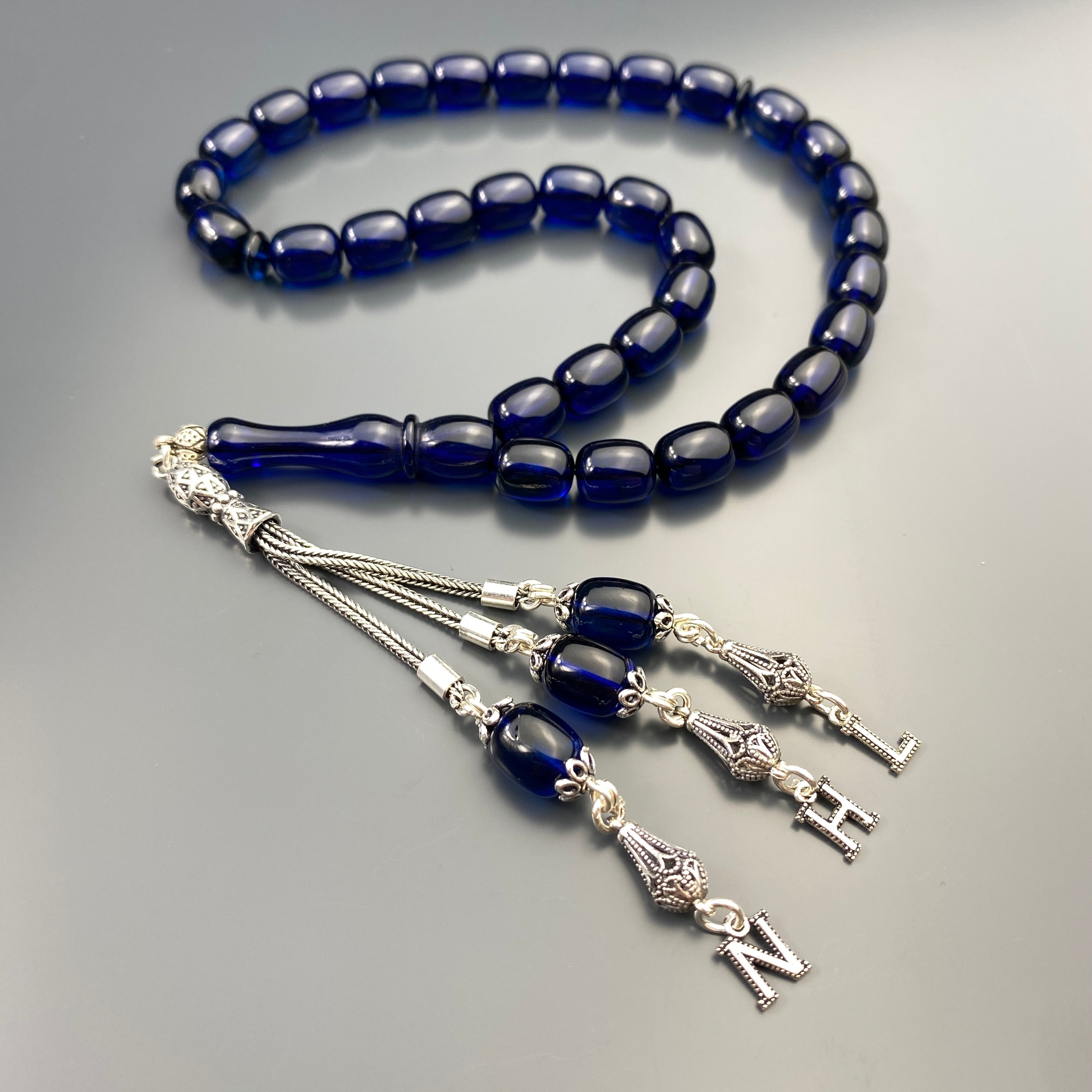 Kehribar Tesbih Blau 3 Buchstaben 925 Silber Püskül