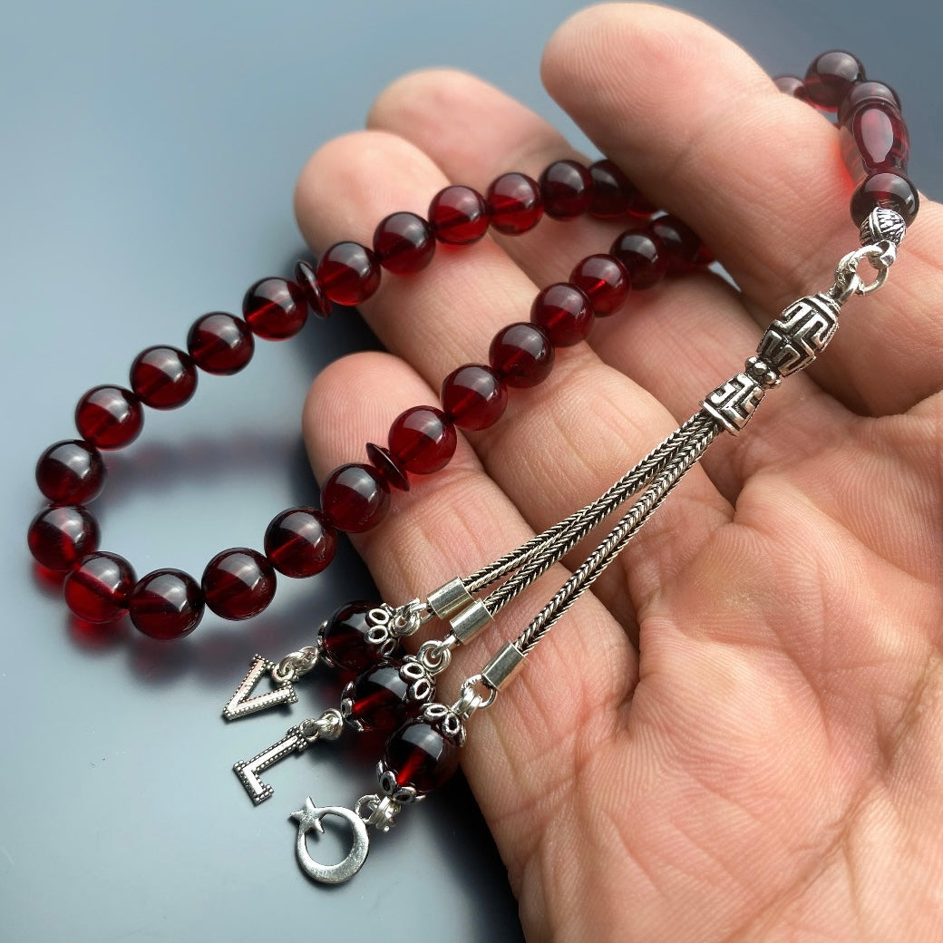 Kehribar Tesbih Rot 2 Buchstaben Ay Yildiz Logo 925 Silber Püskül