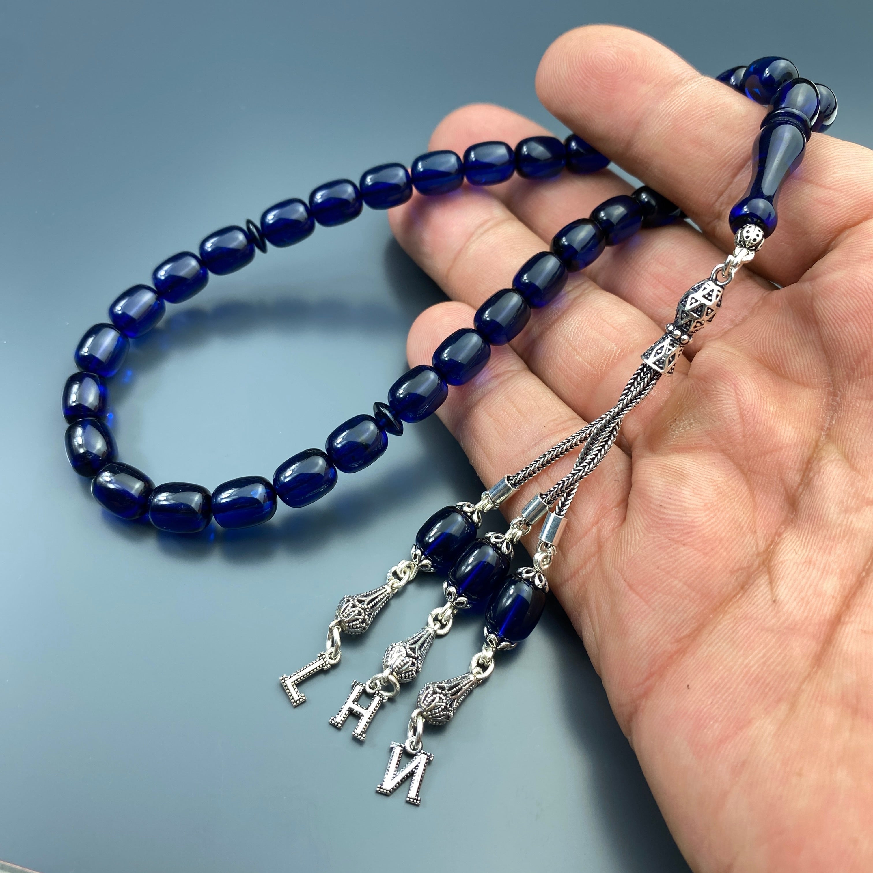 Kehribar Tesbih Blau 3 Buchstaben 925 Silber Püskül