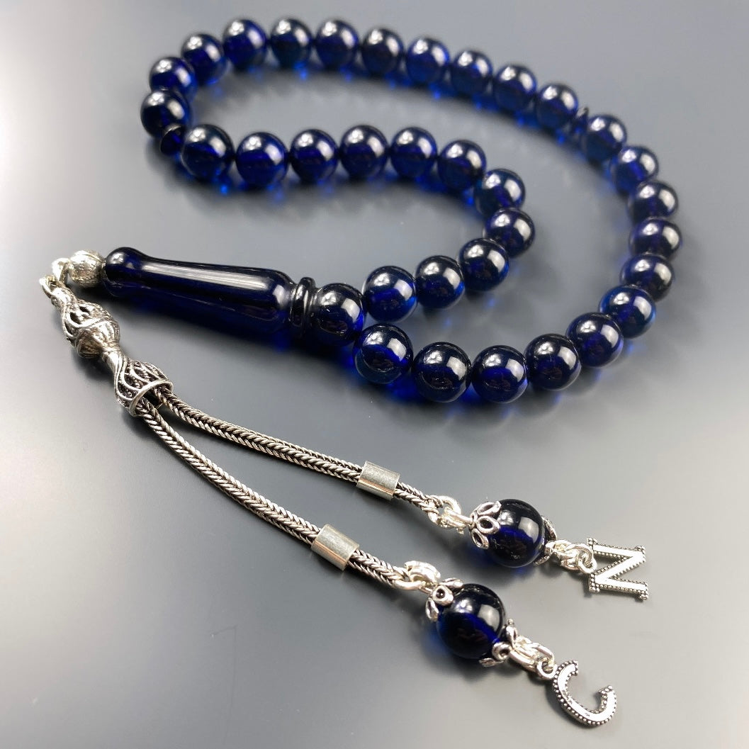 Kehribar Tesbih Blau 2 Buchstaben 925 Silber Püskül