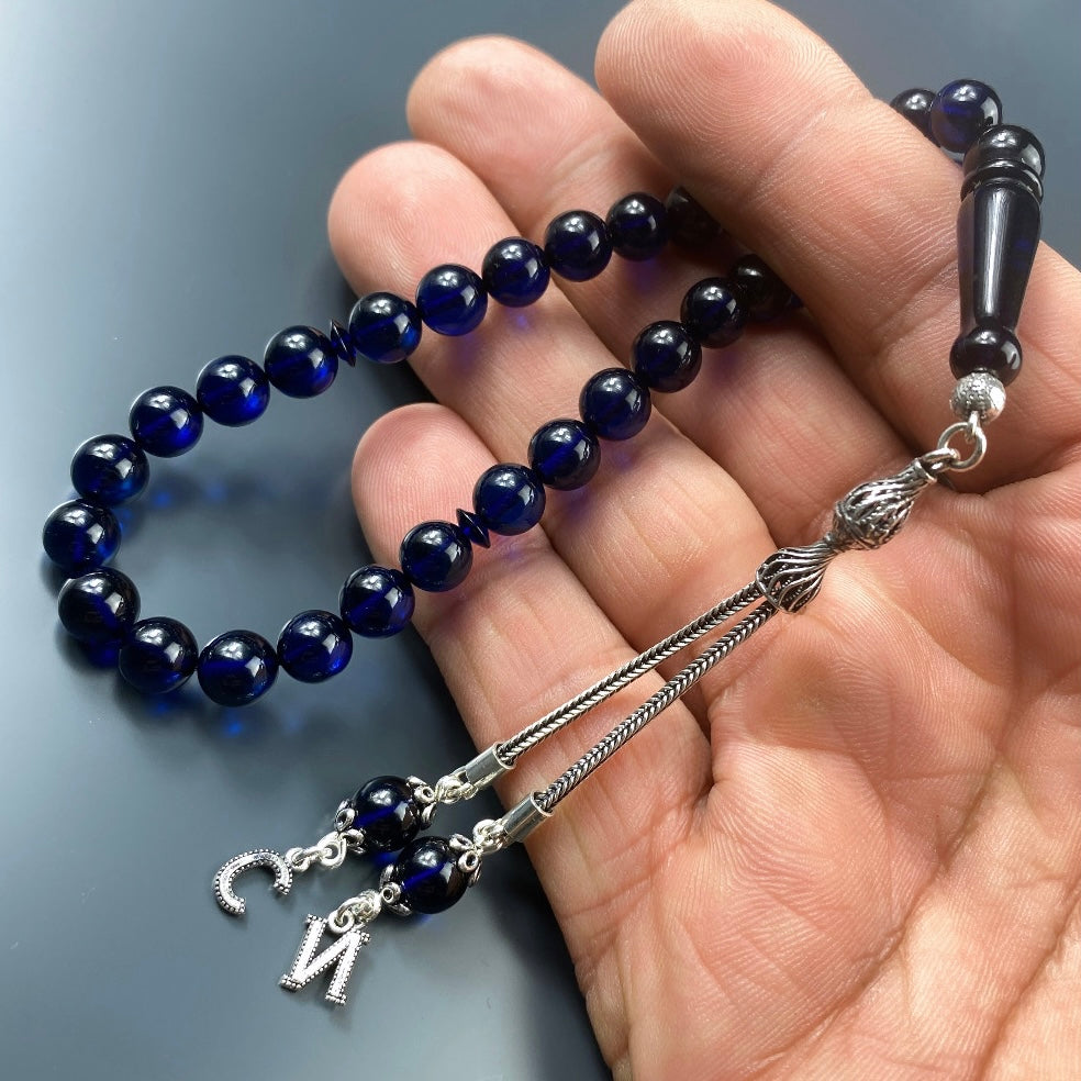 Kehribar Tesbih Blau 2 Buchstaben 925 Silber Püskül