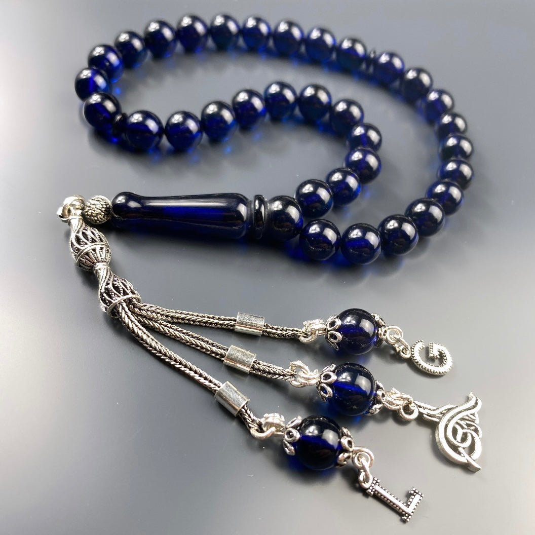 Kehribar Tesbih Blau 2 Buchstaben Tugra Logo 925 Silber Püskül