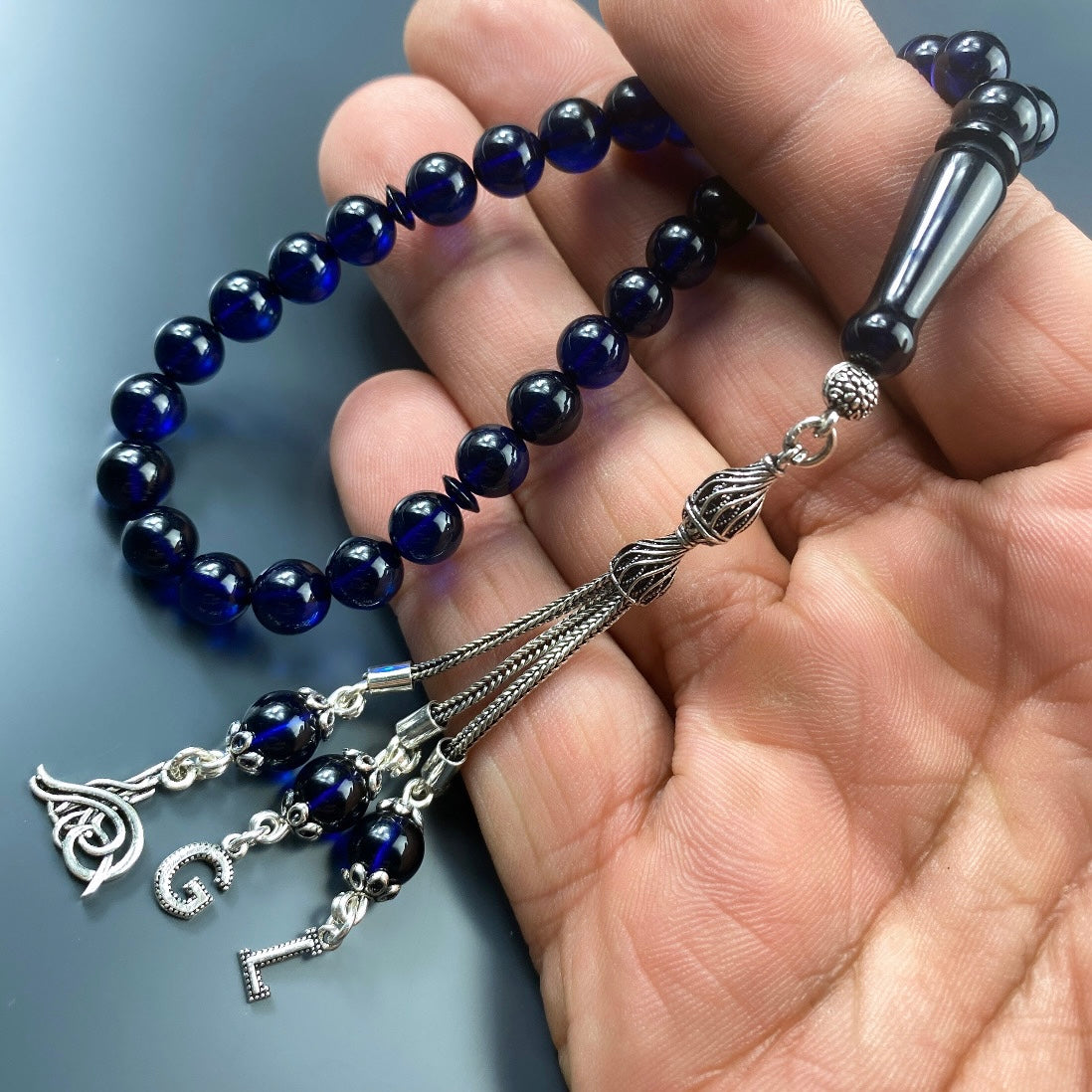 Kehribar Tesbih Blau 2 Buchstaben Tugra Logo 925 Silber Püskül