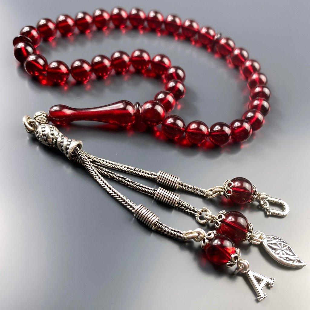 Kehribar Tesbih Rot 2 Buchstaben Basic Logo 925 Silber Püskül