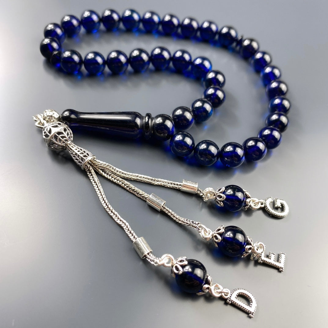 Kehribar Tesbih Blau 3 Buchstaben 925 Silber Püskül